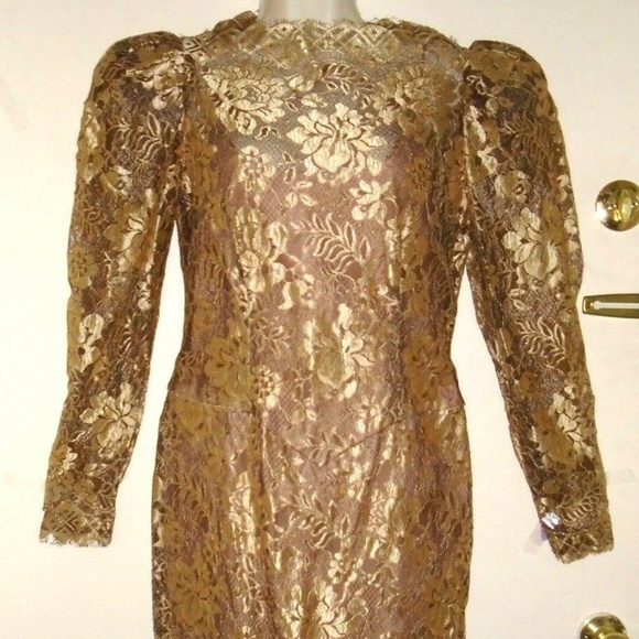 Vintage Rare Formal Gold Brown Lace Lined Dress - Picture 2 of 8